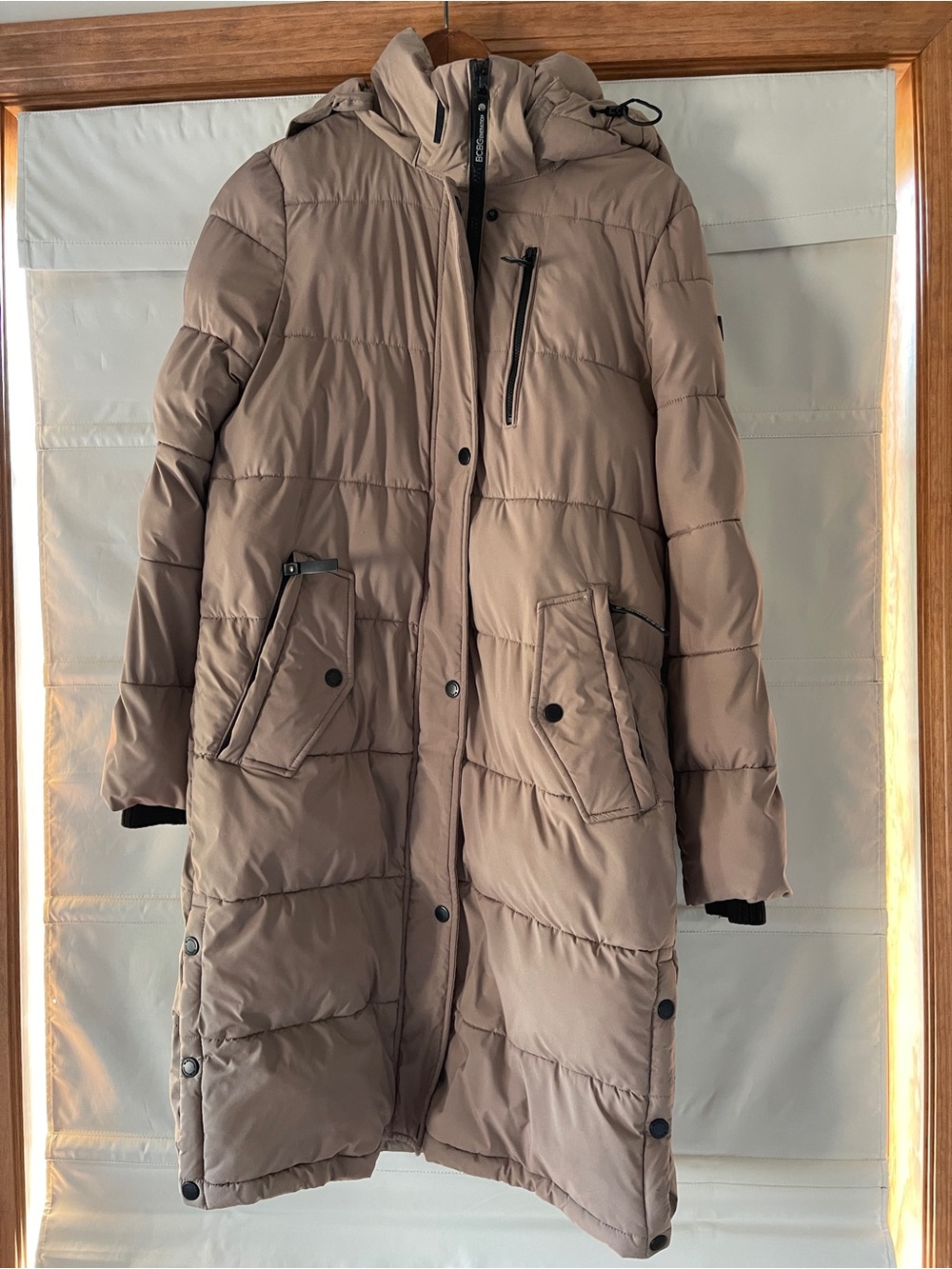 BCBG Taupe Long Quilted Puffer Coat with Hood